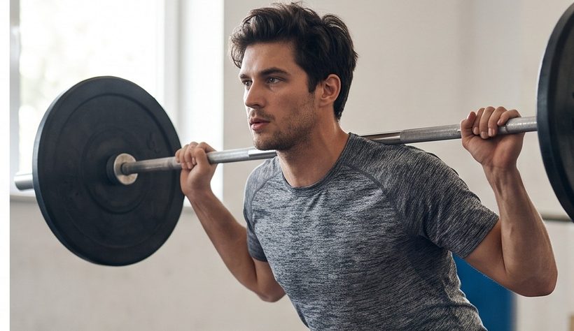 Homme en plein squat à la salle
